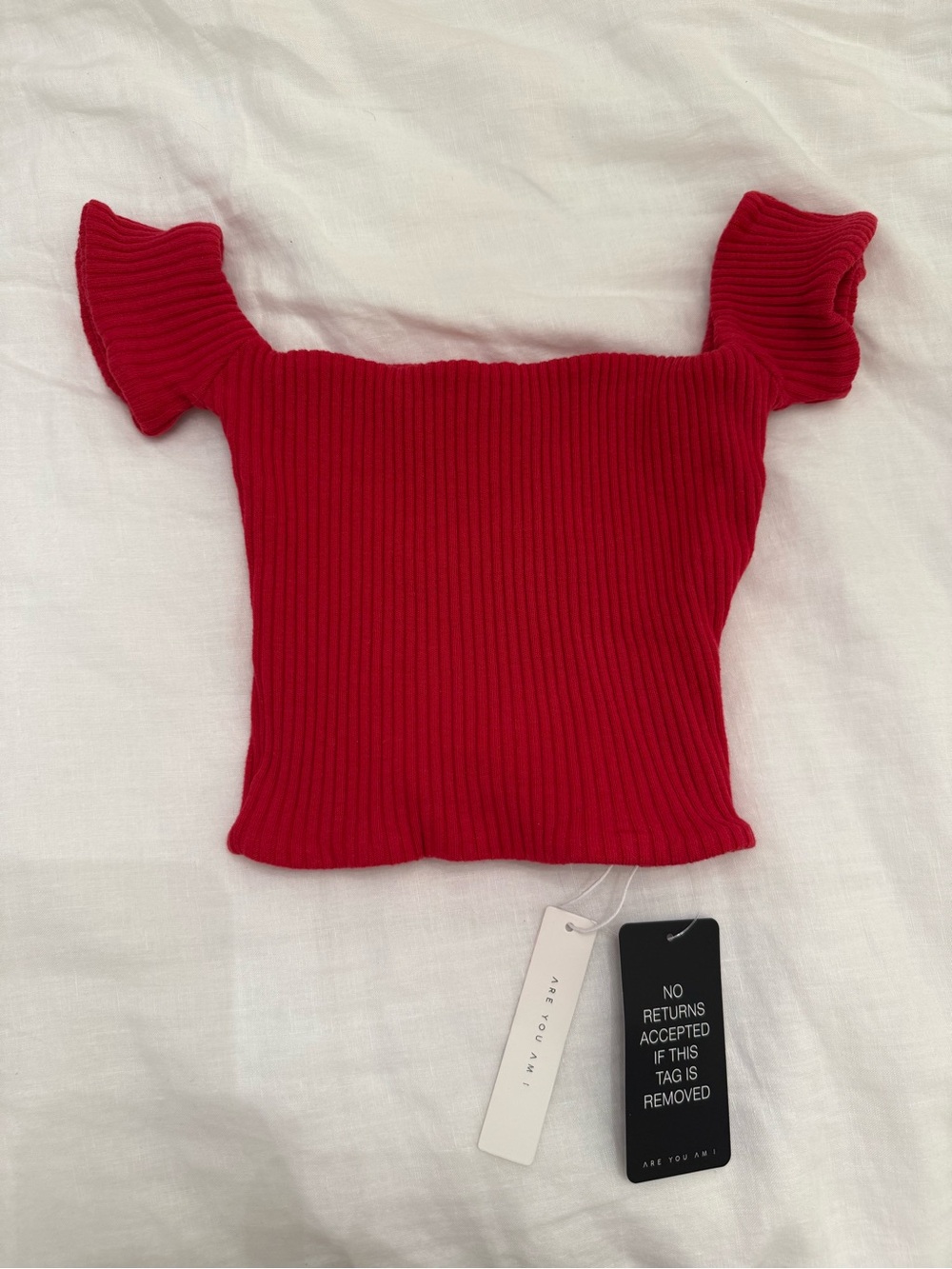 ARE YOU AM I Red Ribbed Off-Shoulder Crop Top